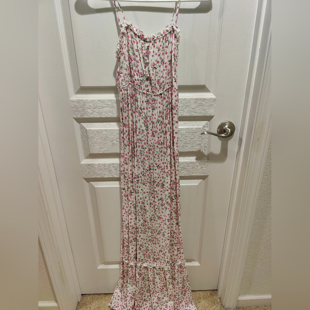 Babydoll White And Floral Print Long Maxi  Dress